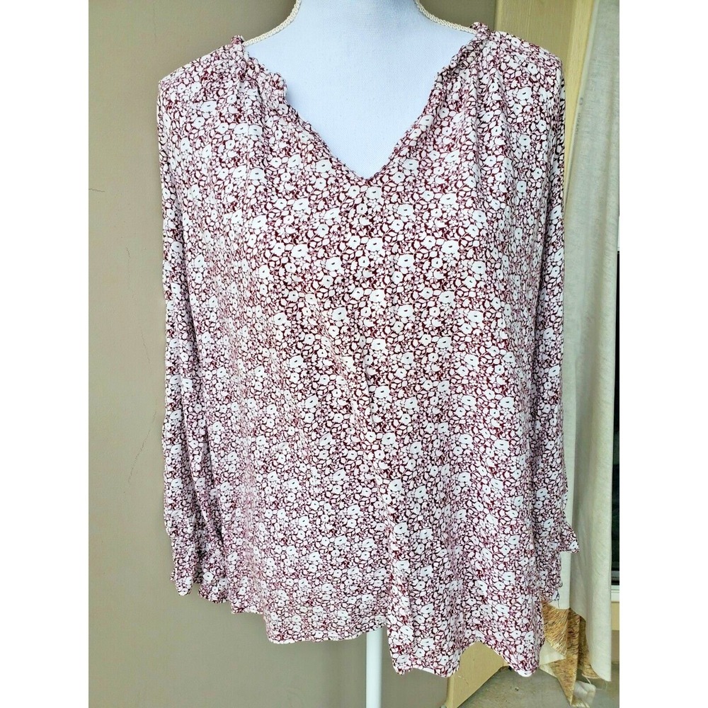 C&C California Womens 1X Burgundy Ditsy Floral Boho Blouse‎ Ruffle Cuff Peasant